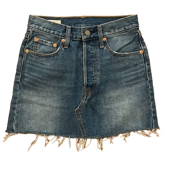 Levi's Premium Denim Blue Jean Mini Skirt Womens Size W25 Raw Hem Button Fly - Picture 1 of 9